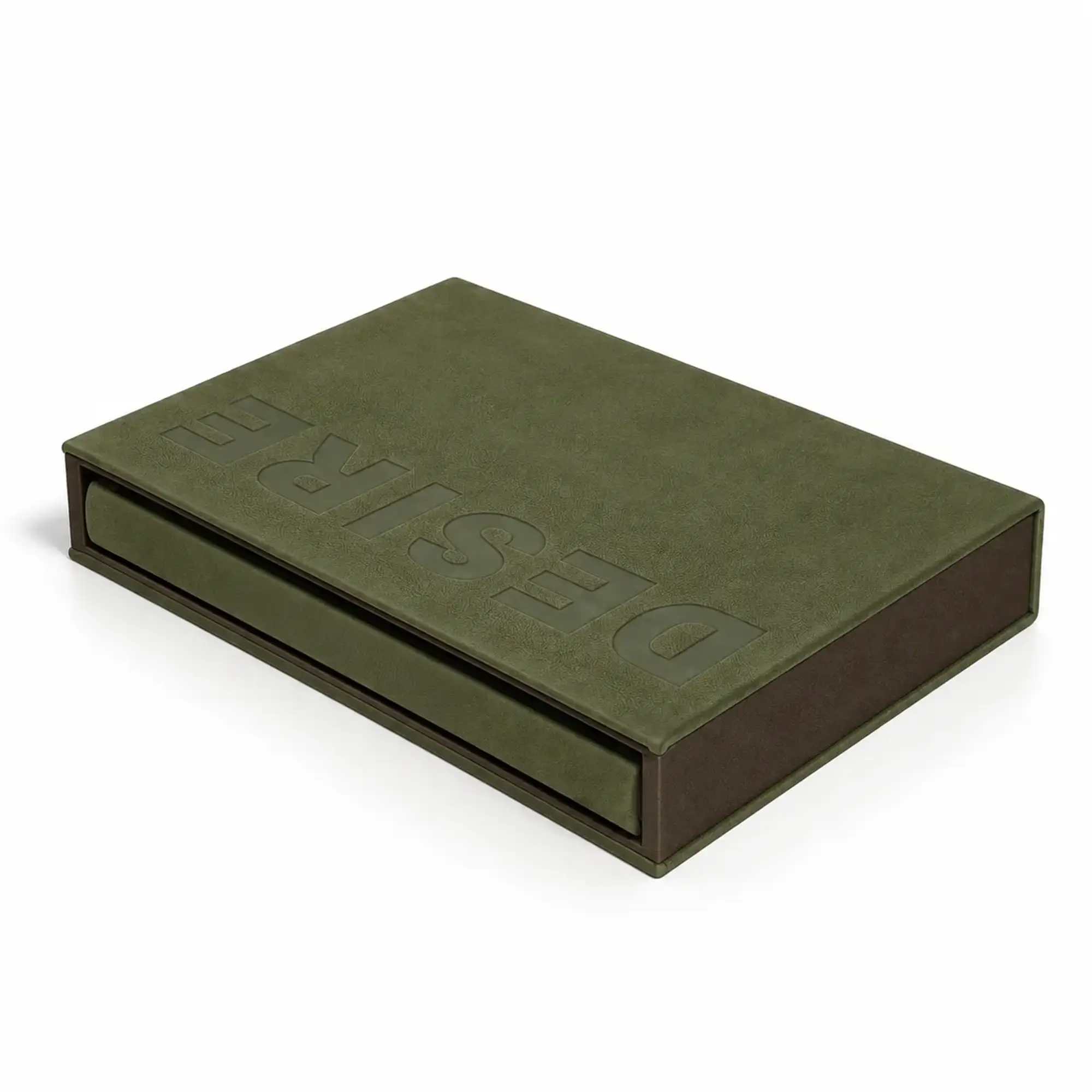 The Art Book. Genuine Leather in its green leather slipcase, seen from the side