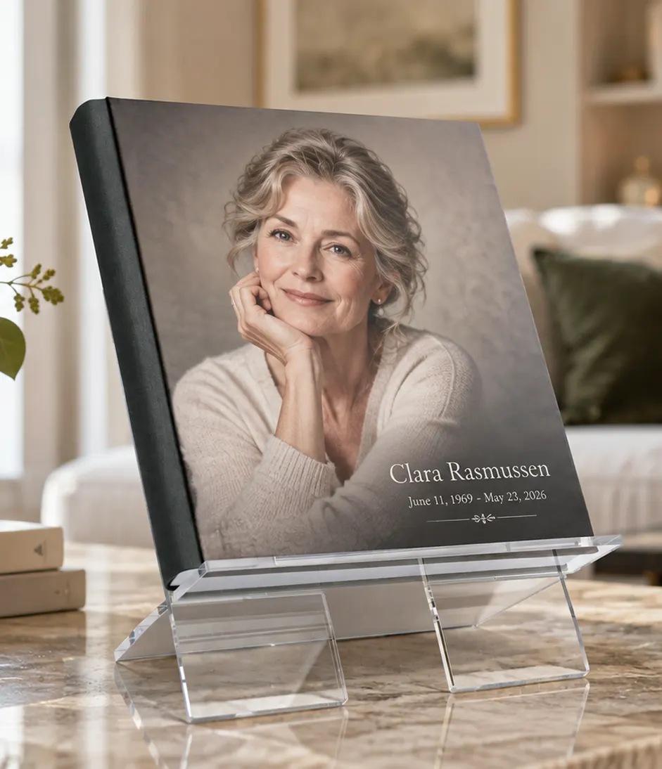 Custom memorial book by KONPOLI: Memorial book open on a living room table