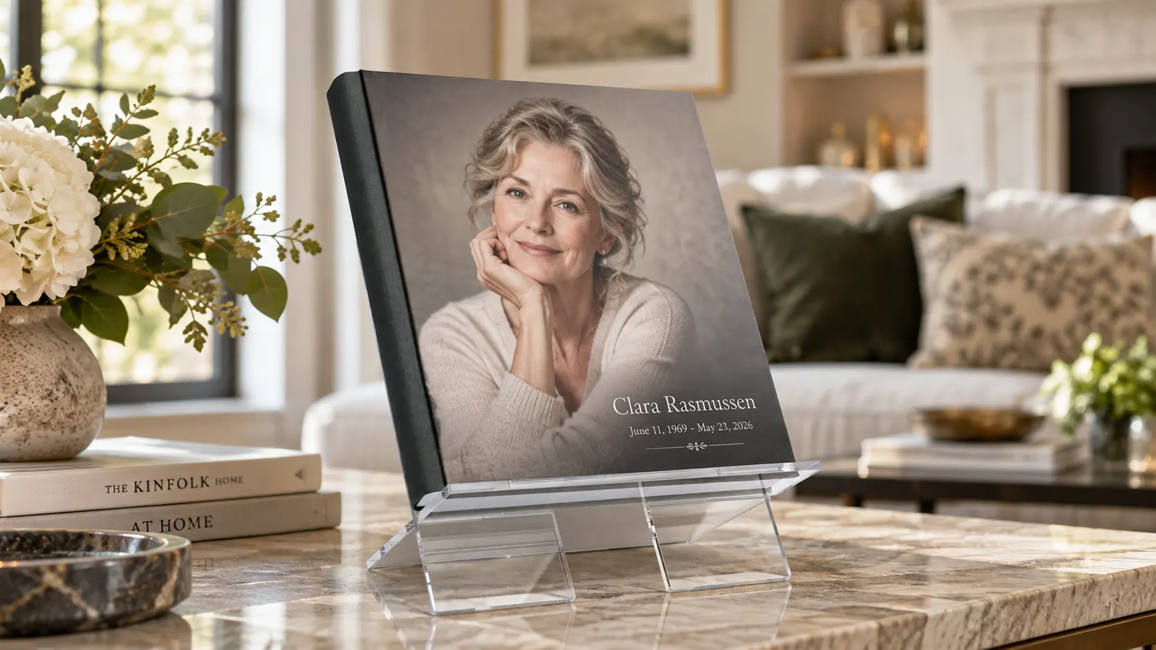 Custom memorial book by KONPOLI: Memorial book open on a living room table