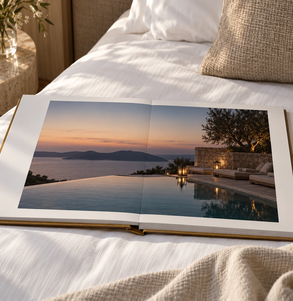 Custom hotel coffee table book by KONPOLI: In-room copy, open on the bed