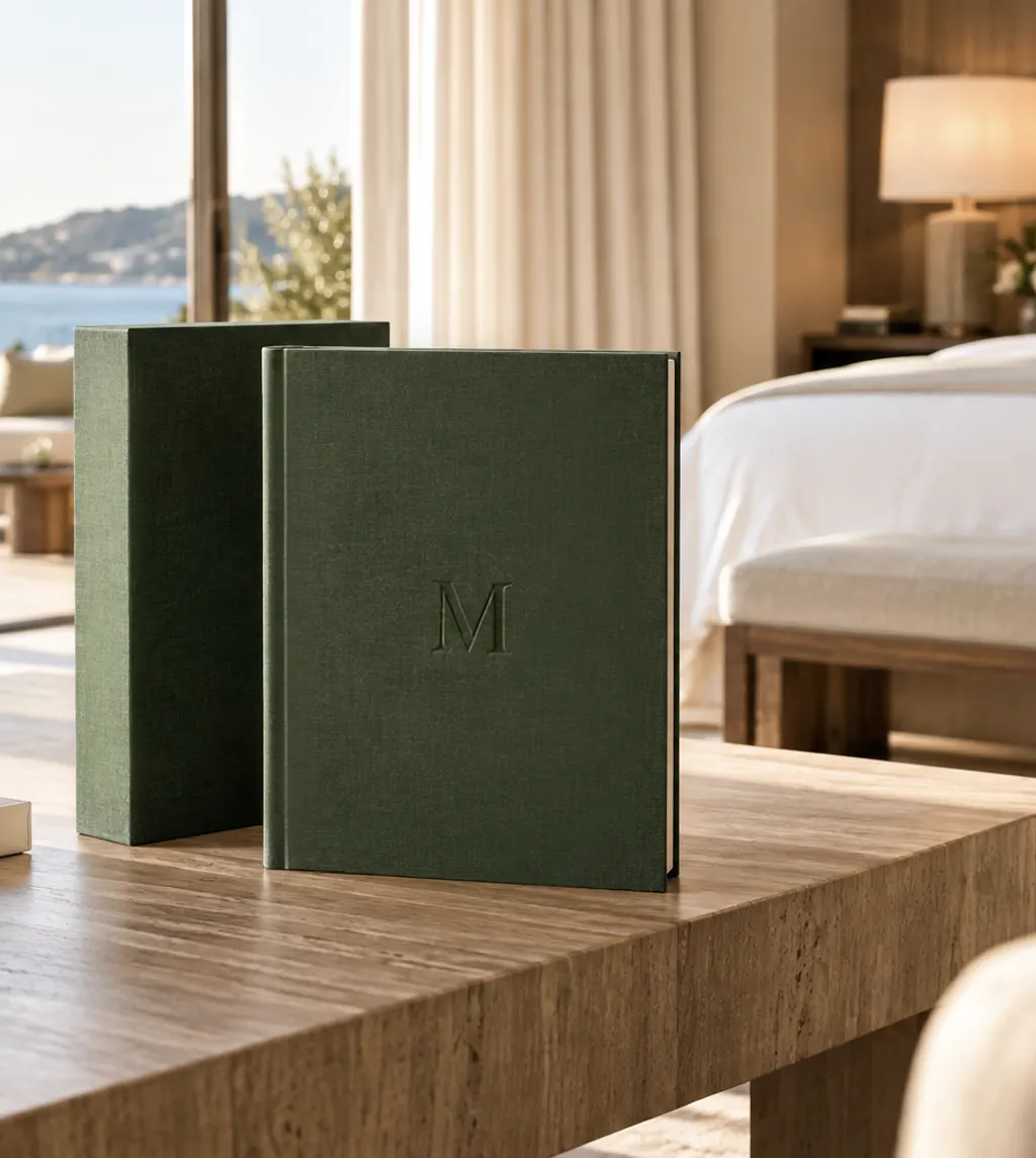 Custom hotel coffee table book by KONPOLI: Hotel book on the suite table