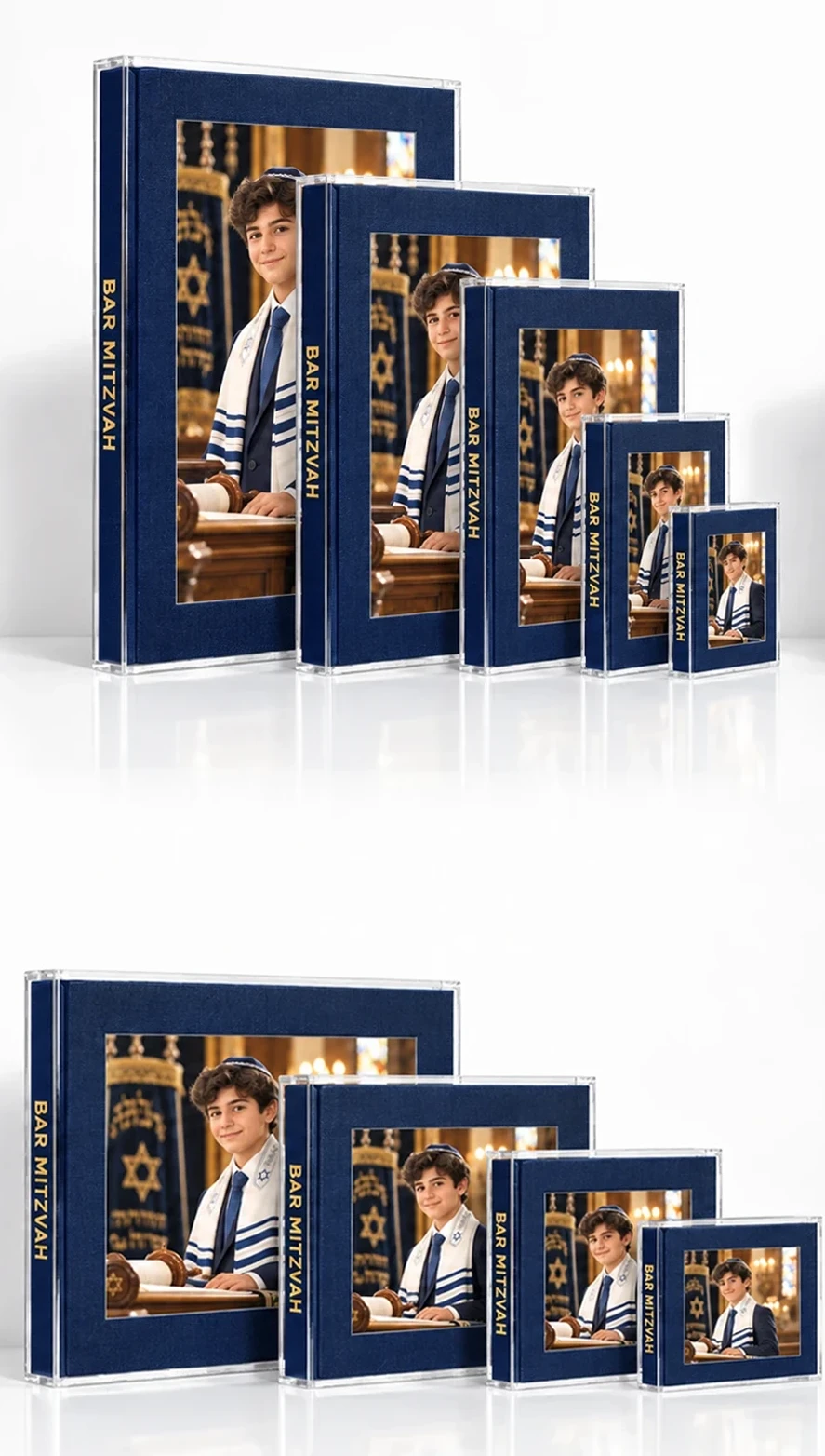 The Art Book bar mitzvah album in navy, with duplicate albums in matching sizes for parents and grandparents