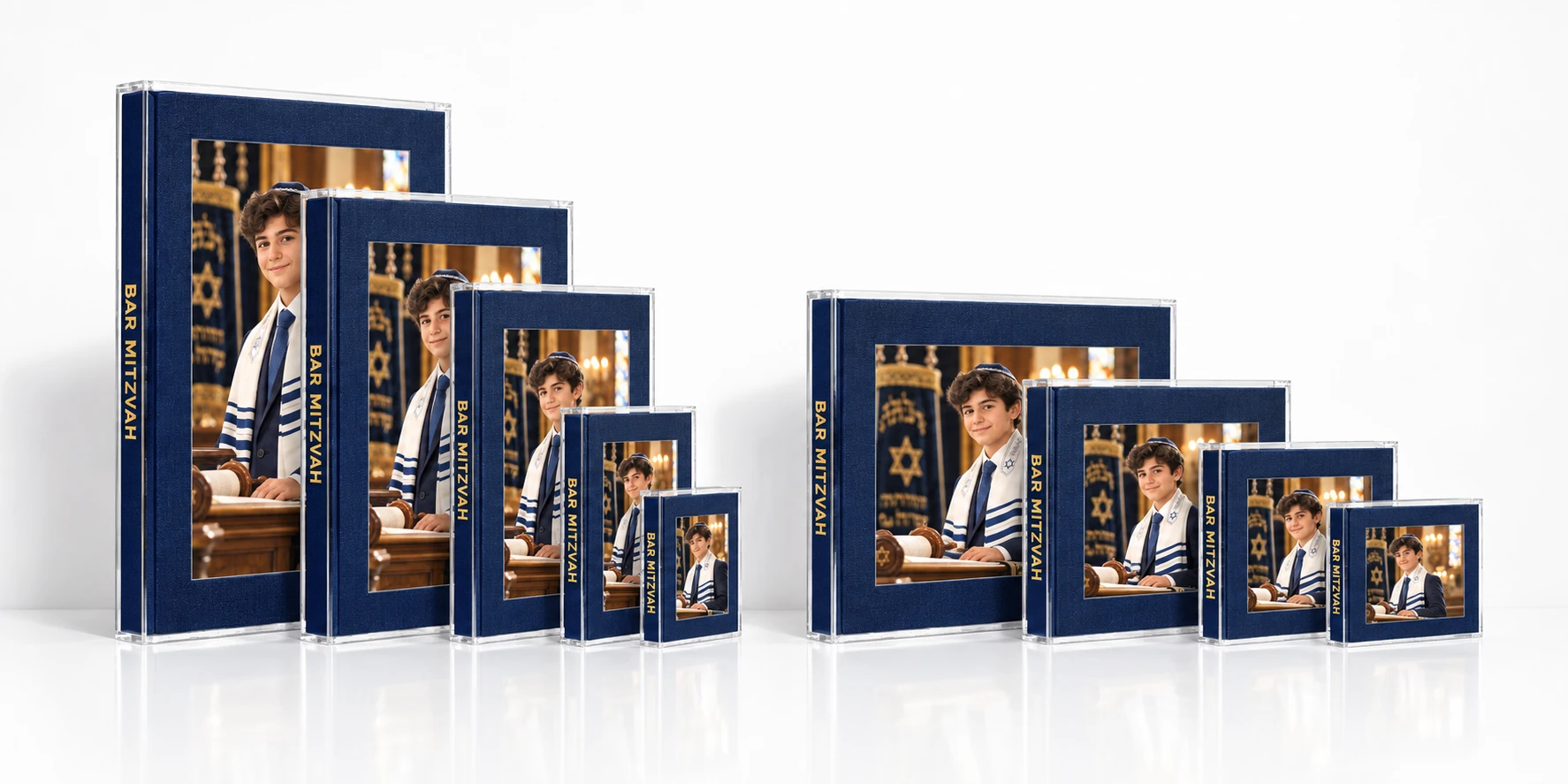 The Art Book bar mitzvah album in navy, with duplicate albums in matching sizes for parents and grandparents