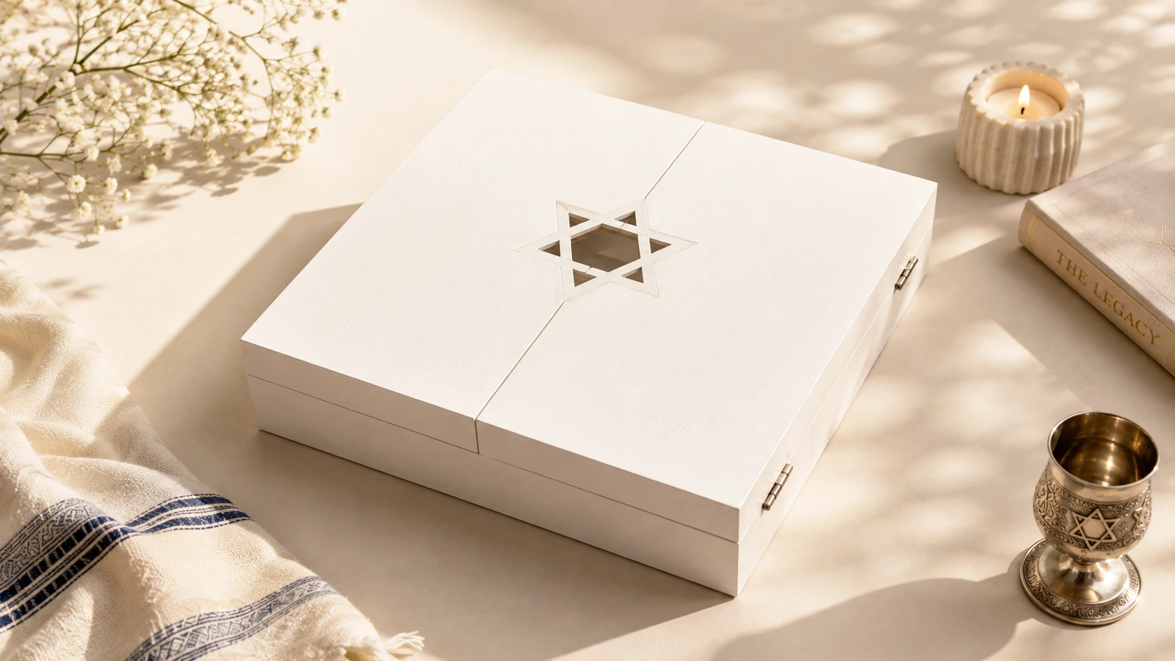The Simcha Box by KONPOLI: a handmade wooden bar and bat mitzvah album box with the Star of David cut into the lid